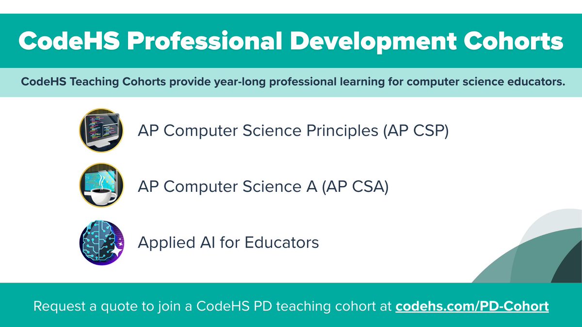 CodeHS's tweet image. Grow your computer science teaching practice with year-long professional learning. CodeHS Teaching Cohorts are built to support you throughout the school year. Request a quote at codehs.com/pd-cohort

#PD #Cohort #CodeHS