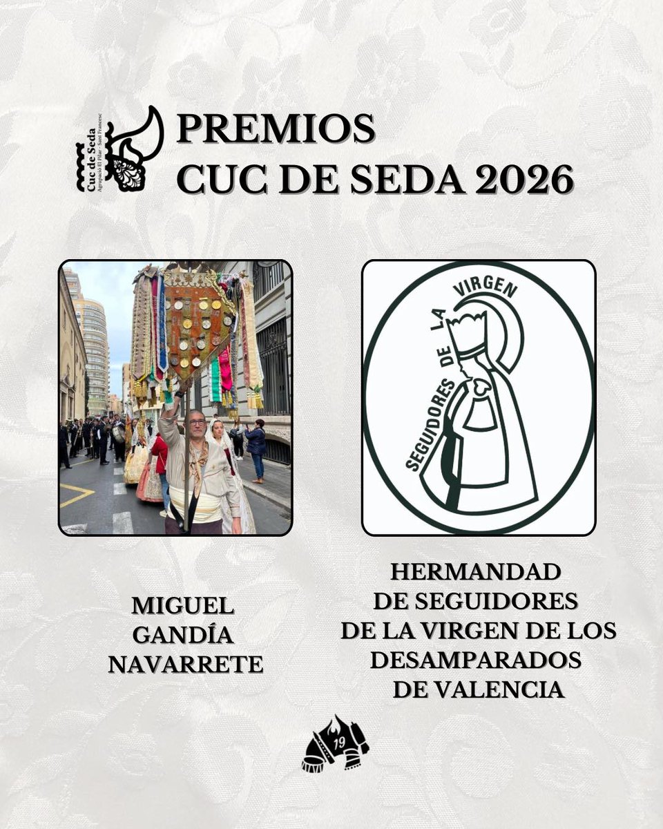 FalladelPilar's tweet photo. 🏆PREMIS CUC DE SEDA 2026
Modalitat Externa: Germandat de Seguidors de la Verge dels Desamparats de València.
Modalitat Interna: Miguel Gandía Navarrete. ❤️
Ens encanta saber que no sols nosaltres reconeixem la seua vàlua i el treball exercit durant anys a favor de les Falles. 😊 https://t.co/es9Q3CjCUU