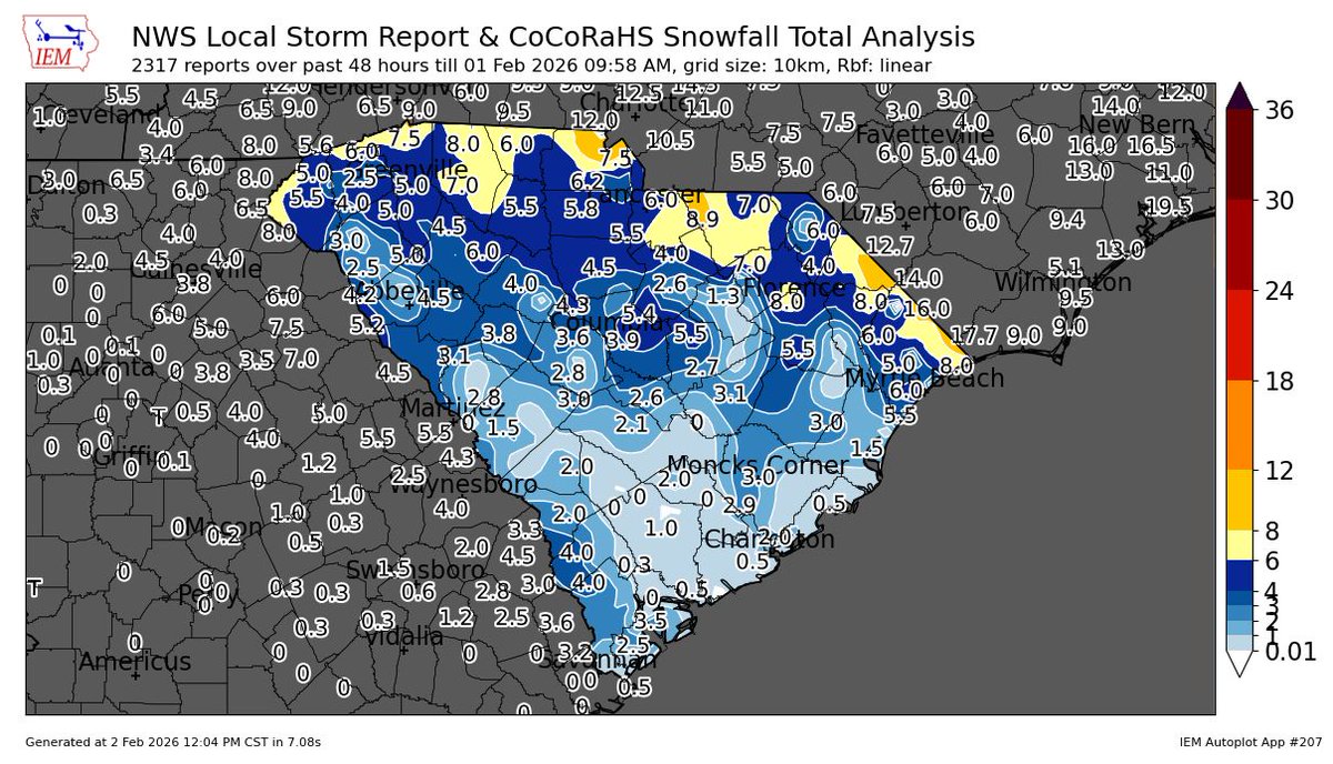 wxbrad's tweet photo. Here's a final look at the snowstorm totals maps based on all the reports. I grabbed a contour of the Carolinas, then one with specific reports, then one for each state, and then closed in for the GSP NWS forecast area. While everyone got snow, some spots got a lot, and some did not get as much. Really crazy mesoscale banding and small-scale features led to such a spread. This is one storm we won't soon foreget. #snOMG #cltwx #ncwx #scwx #wcnc