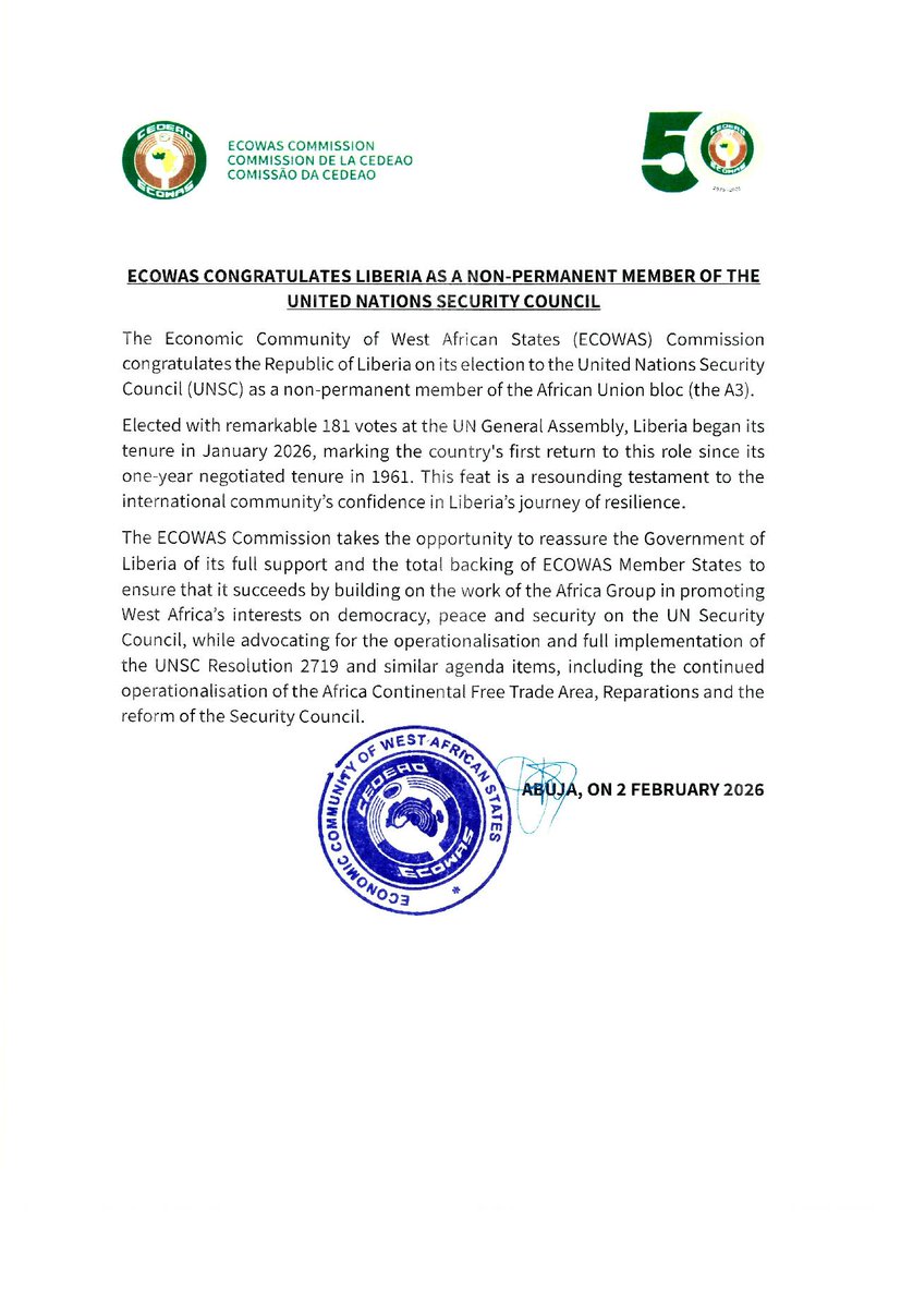 ECOWAS CONGRATULATES LIBÉRIA AS A NON-PERMANENT MEMBER OF THE UNITED NATIONS SECURITY COUNCIL.

=======
LA CEDEAO FÉLICITE LE LIBÉRIA POUR SON ÉLECTION EN TANT QUE MEMBRE NON PERMANENT DU CONSEIL DE SÉCURITÉ DES NATIONS UNIES.

========
A CEDEAO FELICITA A LIBÉRIA COMO MEMBRO NÃO