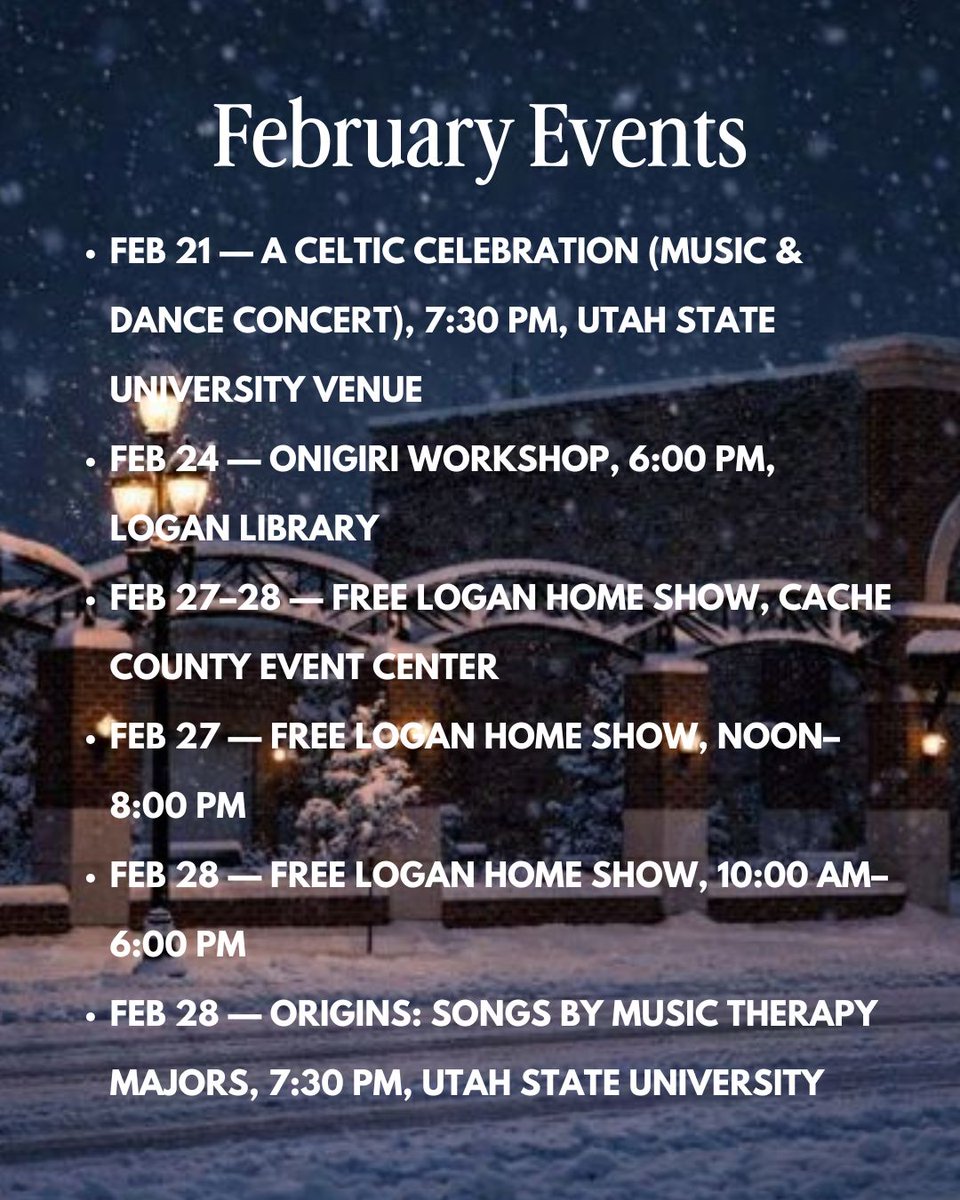 Things to Do in Logan, Utah | February Events
Looking for things to do in Logan, Utah this February? Here’s a quick list of local events happening around Cache Valley this month:
Feb 5–6 — Banff Film Festival, Ellen Eccles Theatre, 7:00 PM (different films each night)
Feb 5 —