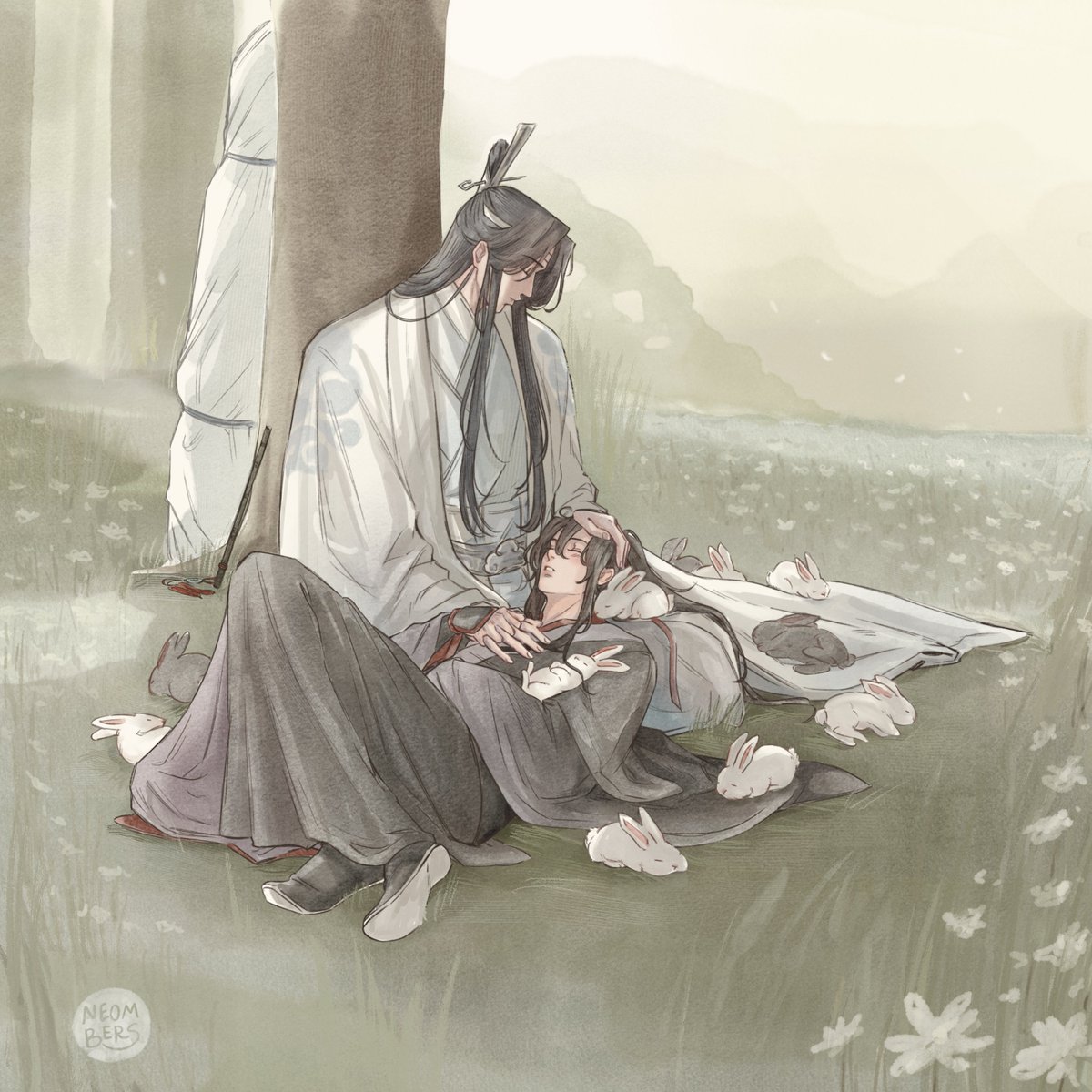 For <a href="/WangXianAction/">WangXian Against ICE🔥Prompts In Process</a> Gotcha Against Ice

Wangxian napping in the sun with their sea of bunnies for @/firebrd86.bsky.social 🐇🤍

#忘羡 #wangxian