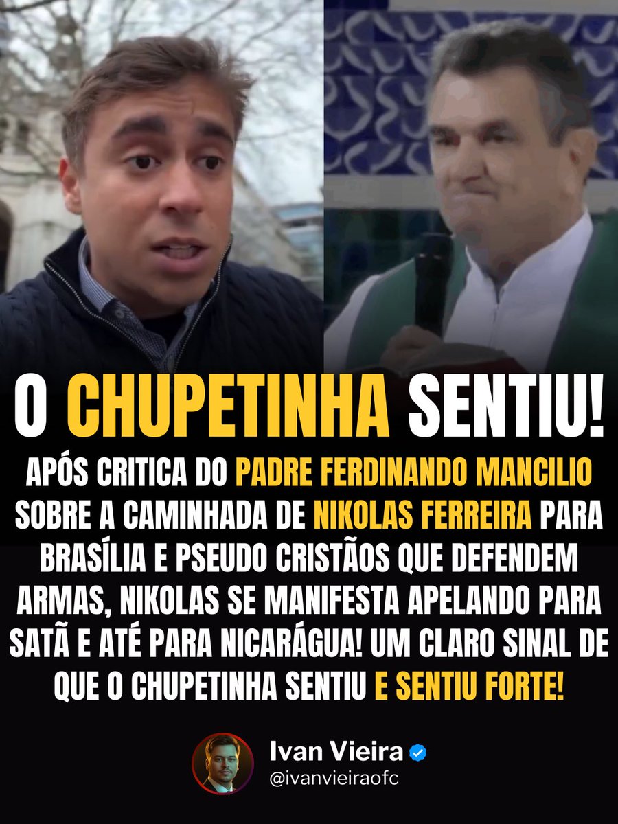 SENTIU! Depois da crítica dura do padre Ferdinando Mancilio à caminhada de Nicolas Ferreira para Brasília e à hipocrisia de pseudo cristãos que defendem armas, o deputado resolveu se manifestar. Mas não respondeu ao padre, nem ao conteúdo da crítica. Preferiu apelar para
