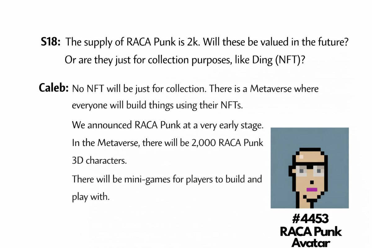 kemiksuluapilav's tweet photo. 16.12.2021 GLOBAL AMA
PARTICIPANTS; @Caleb_Web3 #RACA

Q18: The supply of RACA #Punk is 2k. Will these be valued in the future? Or are they just for collection purposes, like #Ding (#NFT)? @USMverse @RACA_3 @JAZ_network #USM https://t.co/yuIG7Mnpoj