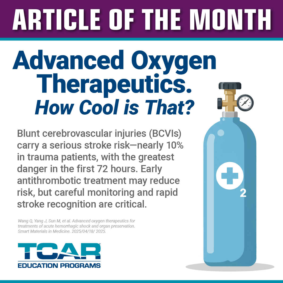 TCARprograms's tweet photo. February Article of the Month. BCVIs carry a high stroke risk (~10%) in trauma patients, highest in the first 72 hrs. Early antithrombotic therapy may help, but careful assessment and rapid stroke recognition are key. https://t.co/W69y9T5DlU https://t.co/X3WbjfZBNr