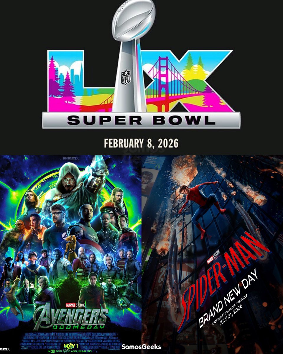 somosgeeksnews's tweet photo. MARVEL Y SONY FUERA DEL SUPER BOWL ❌🏈 Pagar $8 millones por un anuncio parece innecesario para estudios que pueden romper internet cualquier día de la semana, por lo que NO veremos un avance de #Avengers: Doomsday o #SpiderMan: Brand New Day durante el evento. https://t.co/yCw6QtouM4
