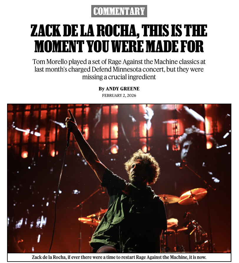 RollingStone's tweet photo. "Imagine a universe where an unannounced Rage Against the Machine took the stage at Defend Minnesota. It would have generated worldwide headlines and been one of the greatest moments in the band’s long history."

Commentary: https://t.co/mntS3wykFL https://t.co/zJWa8Px00v