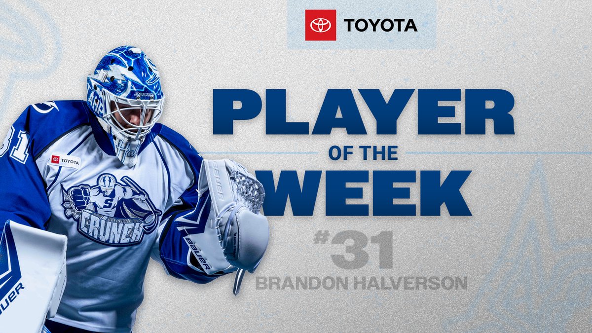 SyracuseCrunch's tweet photo. Brandon Halverson put a stop to 33 shots, including a penalty shot, in his start on Friday. That earns him our @Toyota Player of the Week honors! https://t.co/HZrk03jkBB