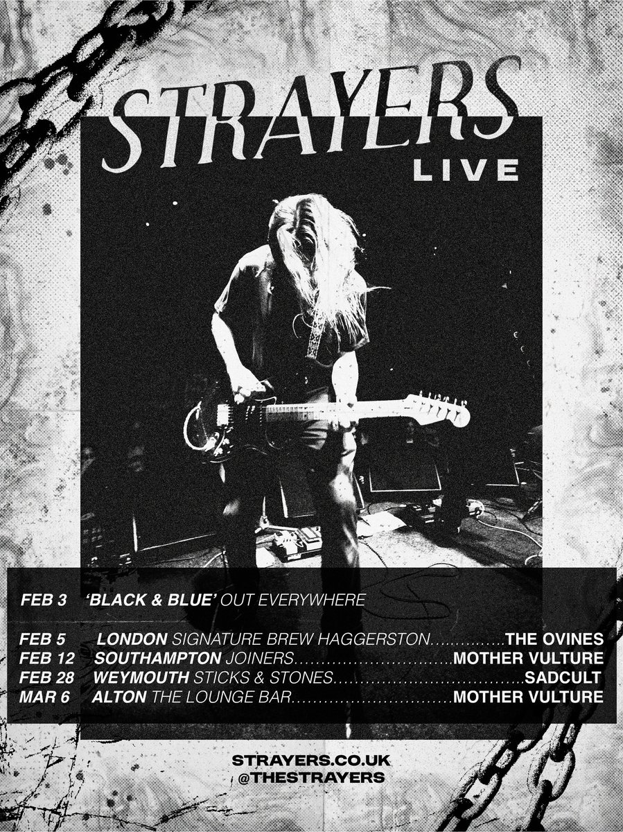 strayers666's tweet image. Our next offering ‘BLACK &amp;amp; BLUE’ drops tomorrow!

This single reflects a new side to the band, it will have you gazing at your shoes one moment - then screaming into the void the next.

Pre-save &amp;amp; upcoming shows at:
🔗 strayers.co.uk 

#strayers #newmusic #altrock #fyp