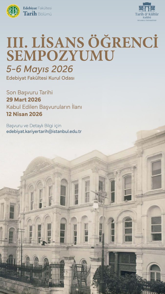 III. Lisans Öğrenci Sempozyumu 5-6 Mayıs 2026 tarihlerinde Edebiyat Fakültesi Kurul Odası’nda düzenlenecektir. 

Başvuru için: forms.gle/BUuLKenkheYMEY…