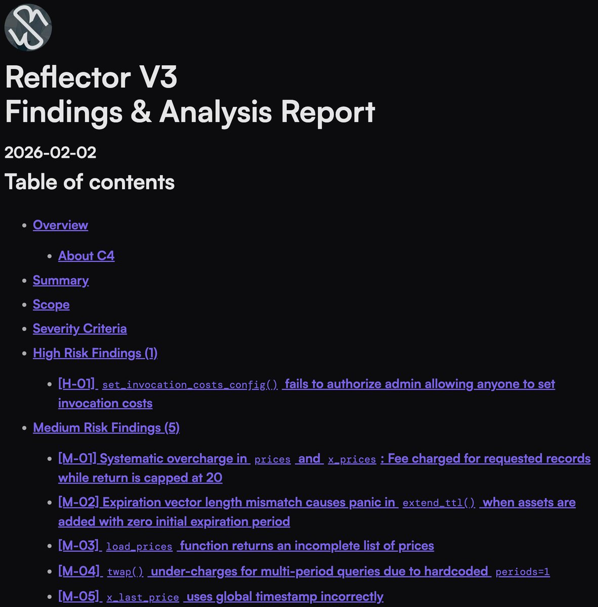 code4rena's tweet photo. The Reflector audit report is now published!

We appreciate the @in_reflector and @stellarorg teams for their strong commitment to the highest security standards.

Full report below!👇 https://t.co/tHdT1YoRpv