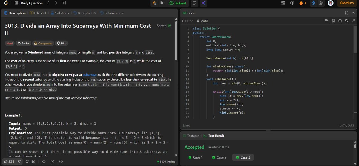 _vaaar_'s tweet photo. Solved a tricky DSA problem by implementing a Smart Sliding Window approach using multiset to efficiently maintain the k smallest elements while handling window shifts and edge cases.
#DSA #ProblemSolving #CPlusPlus #LearningJourney #Consistency https://t.co/qX7nGFjBxC