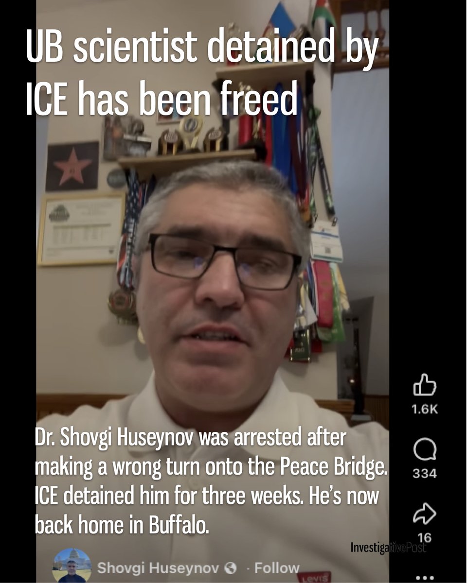 ipostnews's tweet photo. Breaking: Shovgi Huseynov, the UB researcher detained by ICE after making a wrong turn onto the Peace Bridge, has been freed.

He posted a video Saturday saying he was back home with his wife and children in Buffalo.

https://t.co/eOOrJZNFw4 https://t.co/je1OilmyET