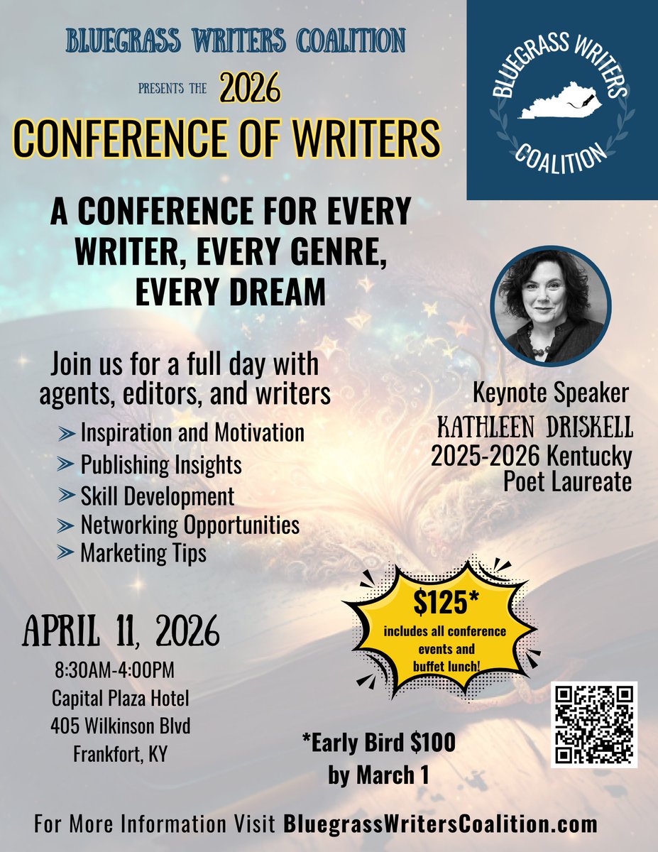BluegrassWrite1's tweet image. Calling all writers! Registration is now open for the 2026 Conference of Writers. Act soon to get the early bird discount. Student discounts also available. Details at bluegrasswriterscoalition.com/conference/