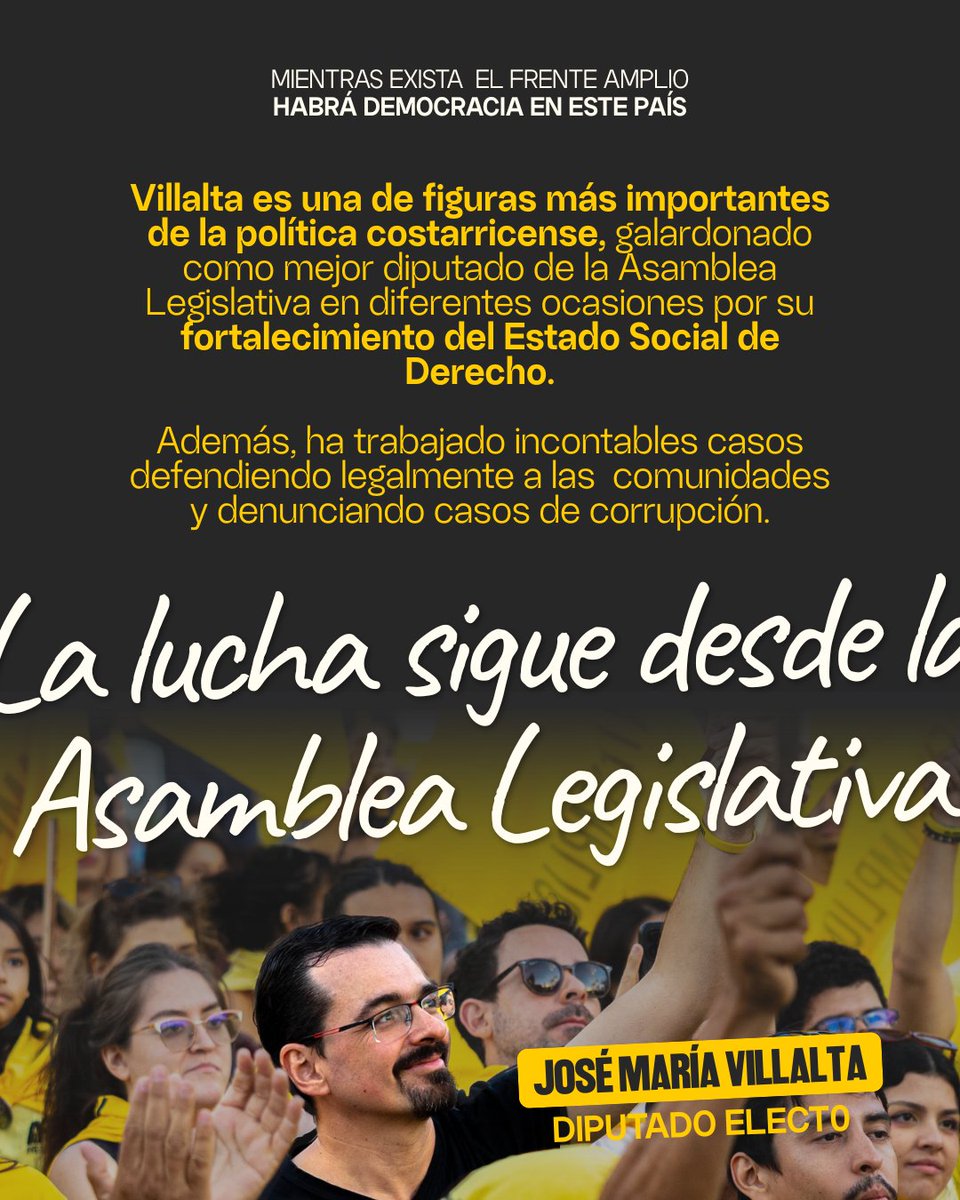 FraccionFrente's tweet photo. ¡Villalta estará de vuelta en la Asamblea! 💛

Quien encabezaba nuestra lista de candidaturas por San José es ahora diputado electo, y podremos tener certeza plena que su lucha contra la corrupción y por la defensa de los Derechos Humanos nos llenará de un enorme orgullo. https://t.co/KDjK3eC4vr
