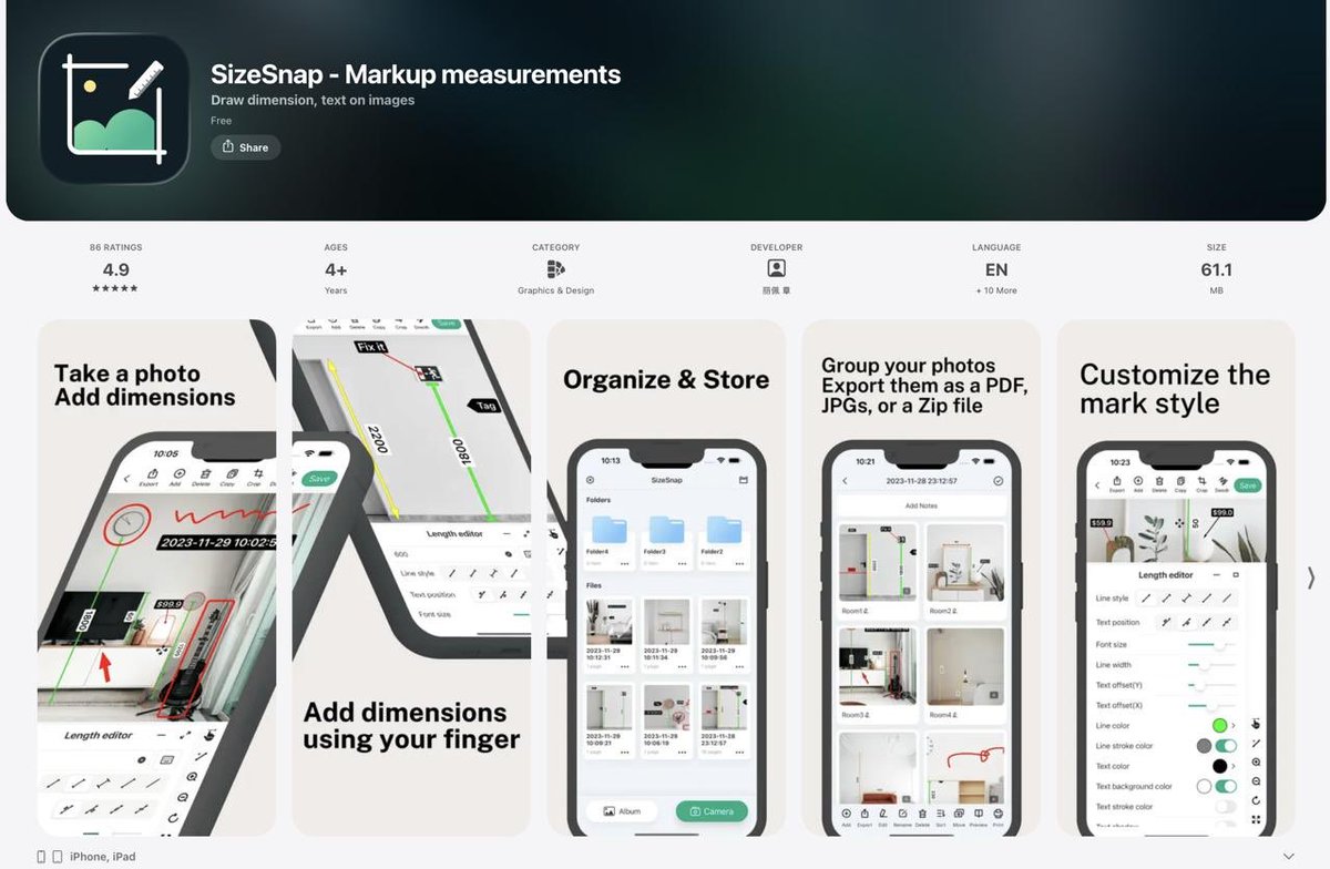 مجاني لفترة (وفر 39.99$) 💸
تطبيق (SizeSnap) كنز للمهندسين ومن يجهز منزله.
يسمح لك بكتابة المقاسات والأبعاد على الصور بدقة عالية جداً بفضل "العدسة المكبرة" (Magnifying Glass).
يدعم التصدير PDF وتخصيص الخطوط، ومفيد جداً لتوثيق مقاسات الأثاث والمواقع قبل الشراء.

الرابط في الرد 👇