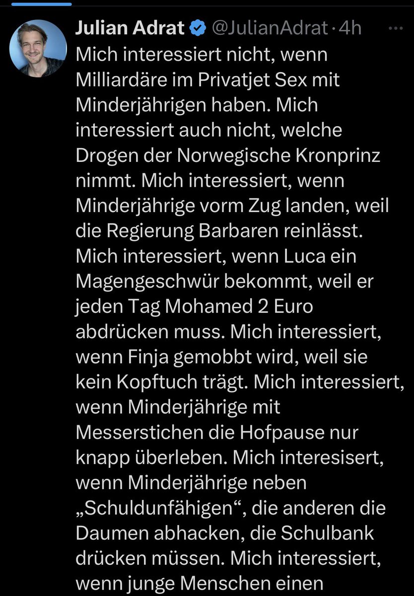 Den AfD-Influencer <a href="/JulianAdrat/">Julian Adrat</a> „interessiert nicht, wenn Milliardäre im Privatjet Sex mit Minderjährigen haben“. Wenn diese Gleichgültigkeit common sense bei der AfD ist, sollten Wähler das wissen.