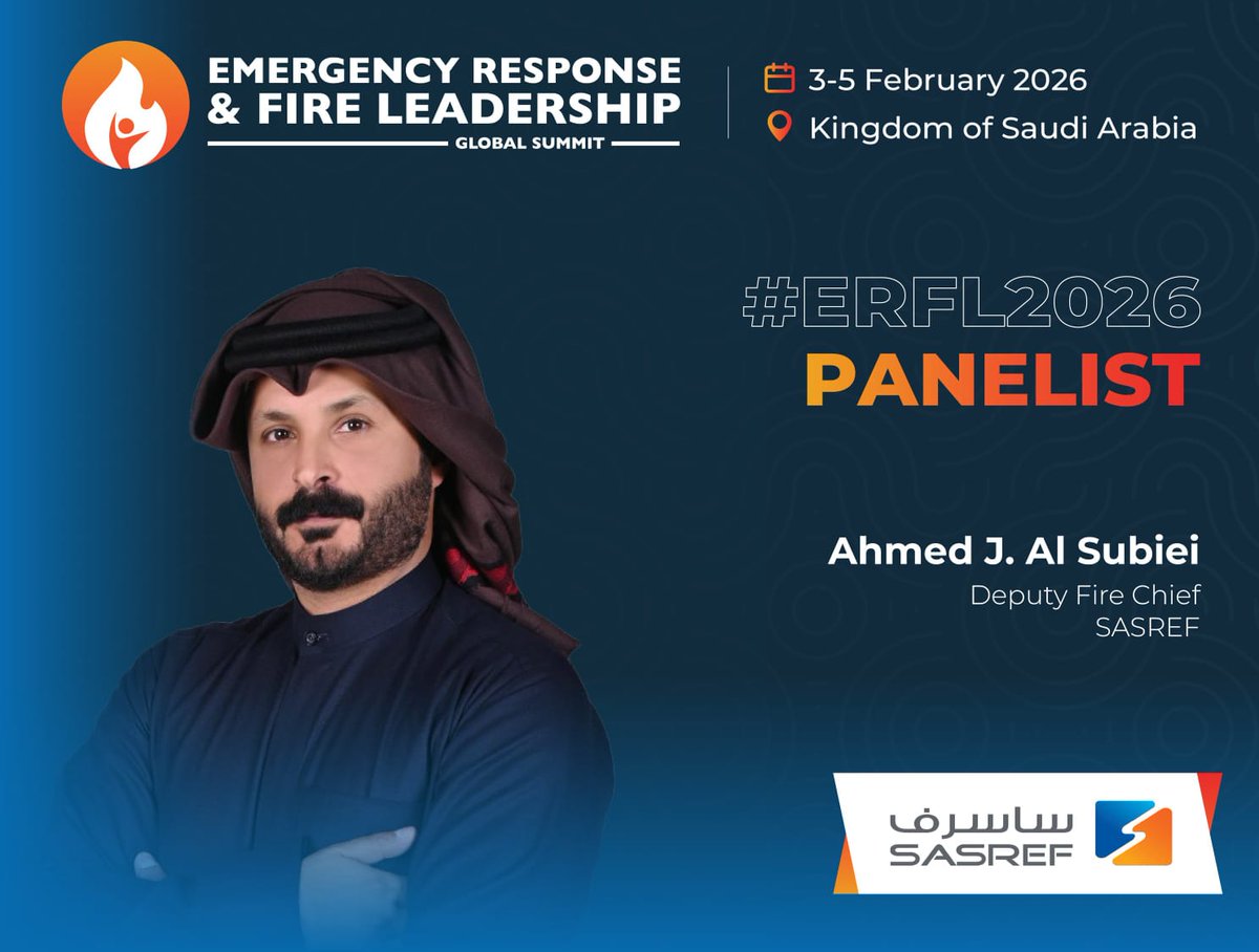 SASREF_Jubail's tweet photo. #SASREF is proud to be a Diamond Sponsor of the #ERFL2026 Global Summit, taking place in Jubail, Saudi Arabia.

SASREF will be represented by distinguished leaders and experts:

• Eng. Abdulkareem S. Al Shammari, General Manager – HSSE
• Saad Al Qahtani, Fire Chief & Organising Committee Member
• Ahmed J. Al-Subiei, Deputy Fire Chief. 

Their participation reflects SASREF’s strong commitment to fire safety, emergency response, and industrial leadership.

📍 Jubail | 🗓️ 3–5 February 2026