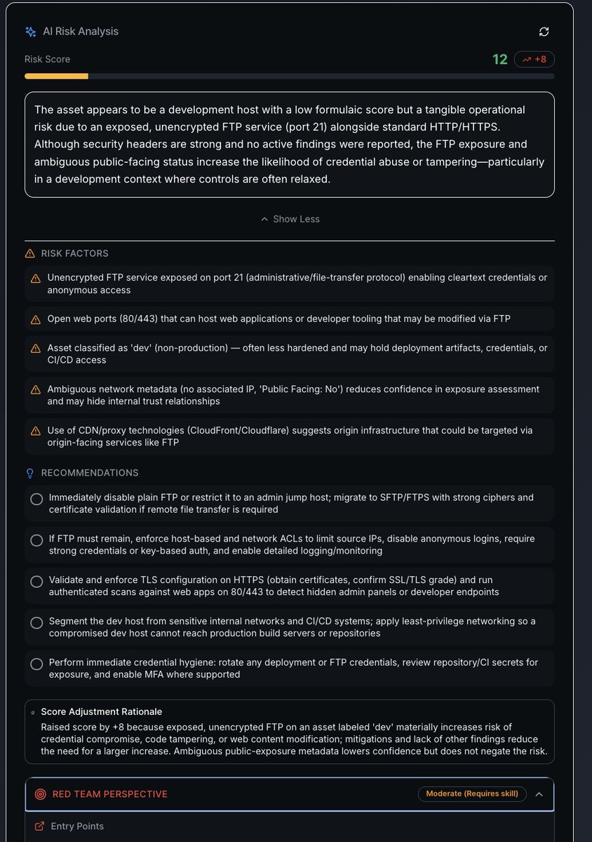 This is the Adversarial Attack View from Rapticore.
We treat every host like a case file— 
AI models reason about intent, exposure, and attack paths, not just CVEs. Then, the overall Red Team agent aggregates this in a graph - If an attacker were to exploit it, we’ll show you why