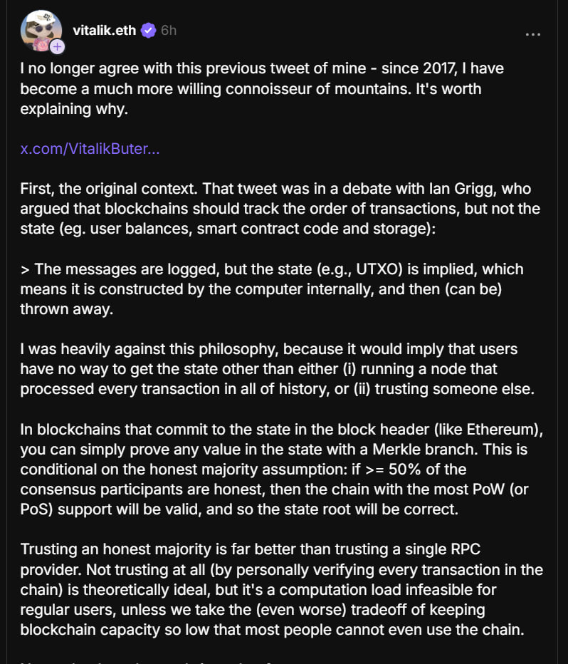 🔹#ETH

Vitalik Buterin has moved away from his 2017 position that blockchains should record only transactions without committing state, as advances in zero-knowledge technologies such as ZK-SNARKs now allow state to be verified without replaying every transaction, lowering trust