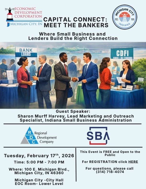 🌀 Michigan City Event 🌀

Capital Connect focuses on education first, helping entrepreneurs understand which financial tools are right for their business stage, while enabling lenders to better understand borrower needs, challenges, and readiness gaps.
tinyurl.com/jr54d3e2