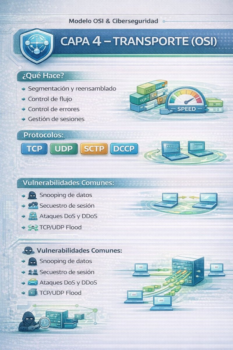 oscarblue_team's tweet photo. 📅 Nueva Serie: Modelo OSI y Ciberseguridad (8 días)

🟠 Día 4 – Capa 4: Transporte

-¿Qué hace?

Garantiza la comunicación extremo a extremo mediante segmentación, control de flujo, control de errores y multiplexación por puertos usando protocolos como TCP y UDP. Orientado a la conexión. 0 a 65535. 

-Vulnerabilidades comunes:

Port Scanning

SYN Flood

Session Hijacking

Abuso de servicios sin control de estado (UDP)

-Protocolos habituales: TCP, UDP, SCTP

🔐 Un puerto abierto es una superficie de ataque.