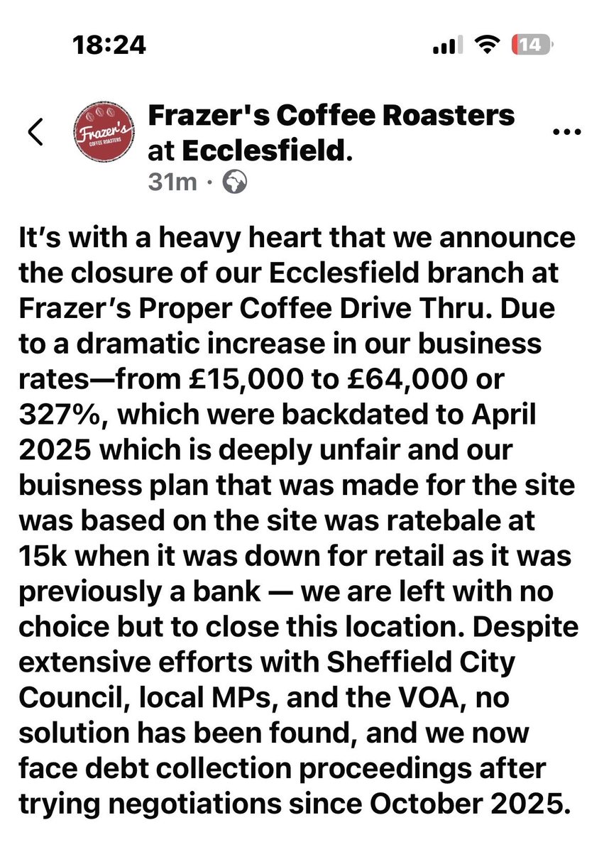 Tracey_BK's tweet photo. How are small businesses supposed to survive. Its disgraceful. Frazer has put his heart into this coffee business inly to be screwed over by extortionate rate increases. https://t.co/BUwvk0e1Br