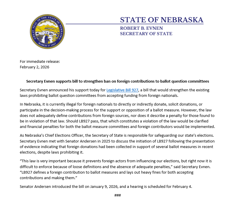 NE Secretary of State Robert Evnen tweet media