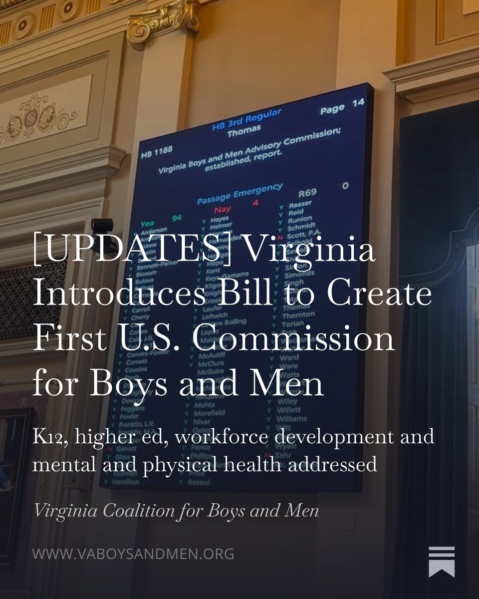 Nation's first Commission for Boys and Men is imminent: 
VA HB1188 is headed for the Senate, passed House 94-4. #valeg