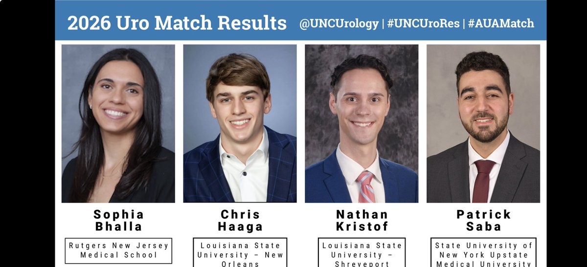 UNCurology's tweet photo. Thrilled to welcome (our first class of four!) @UNCurology class of 2031
🤩Sophia Bhalla 
🤩Chris Haaga 
🤩Nathan Kristof 
🤩Patrick Saba

#UroMatch2026 

👀➡️ https://t.co/JMy5lYwlXi https://t.co/w25mZA7EmW