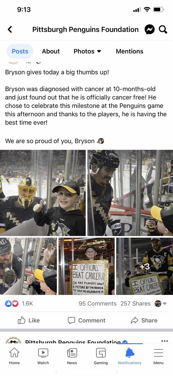 Phen814's tweet photo. From watching his favorite team and getting treated amazing by @pensfoundation  and the @penguins , to now getting on the same ice! Bryson and his team will be on the ice at intermission of tonight game! He’s beyond excited! #BrysonStrong https://t.co/JOBV82Bgjx
