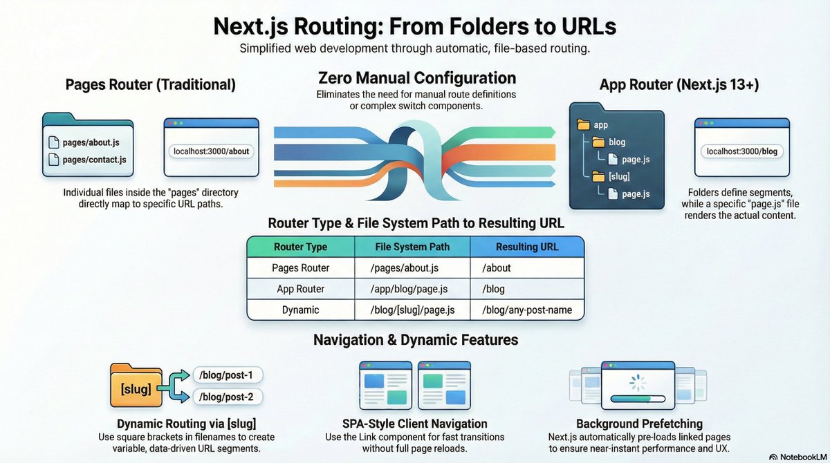 see_the_sahoo's tweet photo. 🚦 Next.js Interview Tip 👇
Next.js uses file-based routing out of the box—folders &amp; files map directly to URLs. No React Router needed, plus dynamic &amp; nested routes come built-in.
Must-know for interviews 🚀
#NextJS #ReactJS #WebDev #InterviewQuestion https://t.co/yikuJ0U9Po
