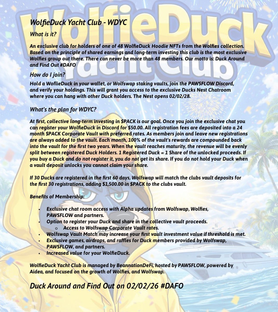 wolfieduckYC's tweet image. What is the WolfieDuck Yacht Club?

How do you join?

What’s the plan?

What are the benefits of membership?

Everything you need to know is below… along with a major announcement that we haven’t dropped until now - and it’s JUICY.