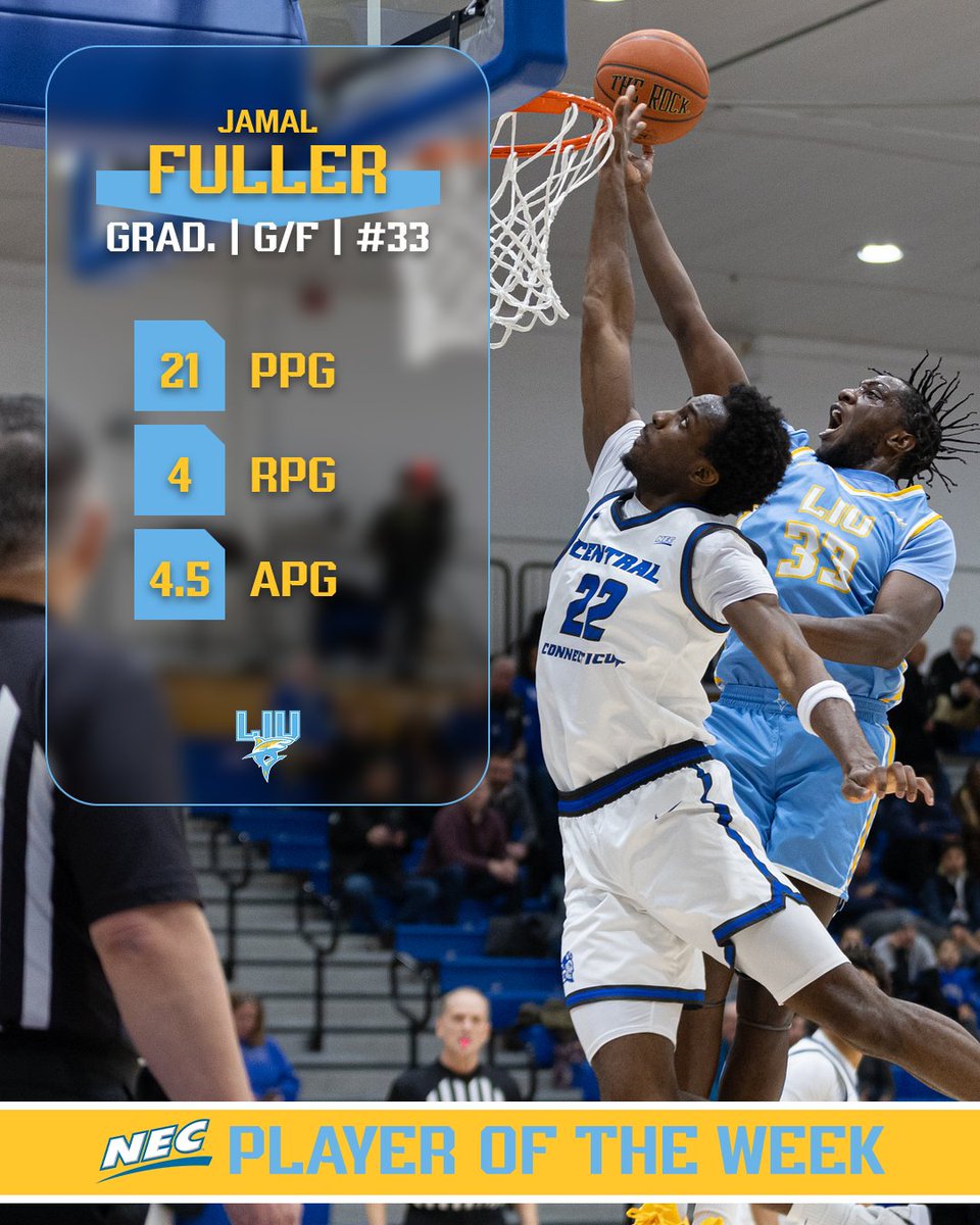 LIUBasketball's tweet image. Player of the Week! 🏀

Jamal Fuller was named the Influxer/NEC Co-Player of the Week, while Mason Porter-Brown received NEC Prime Performer honors.

#FinsUp🦈