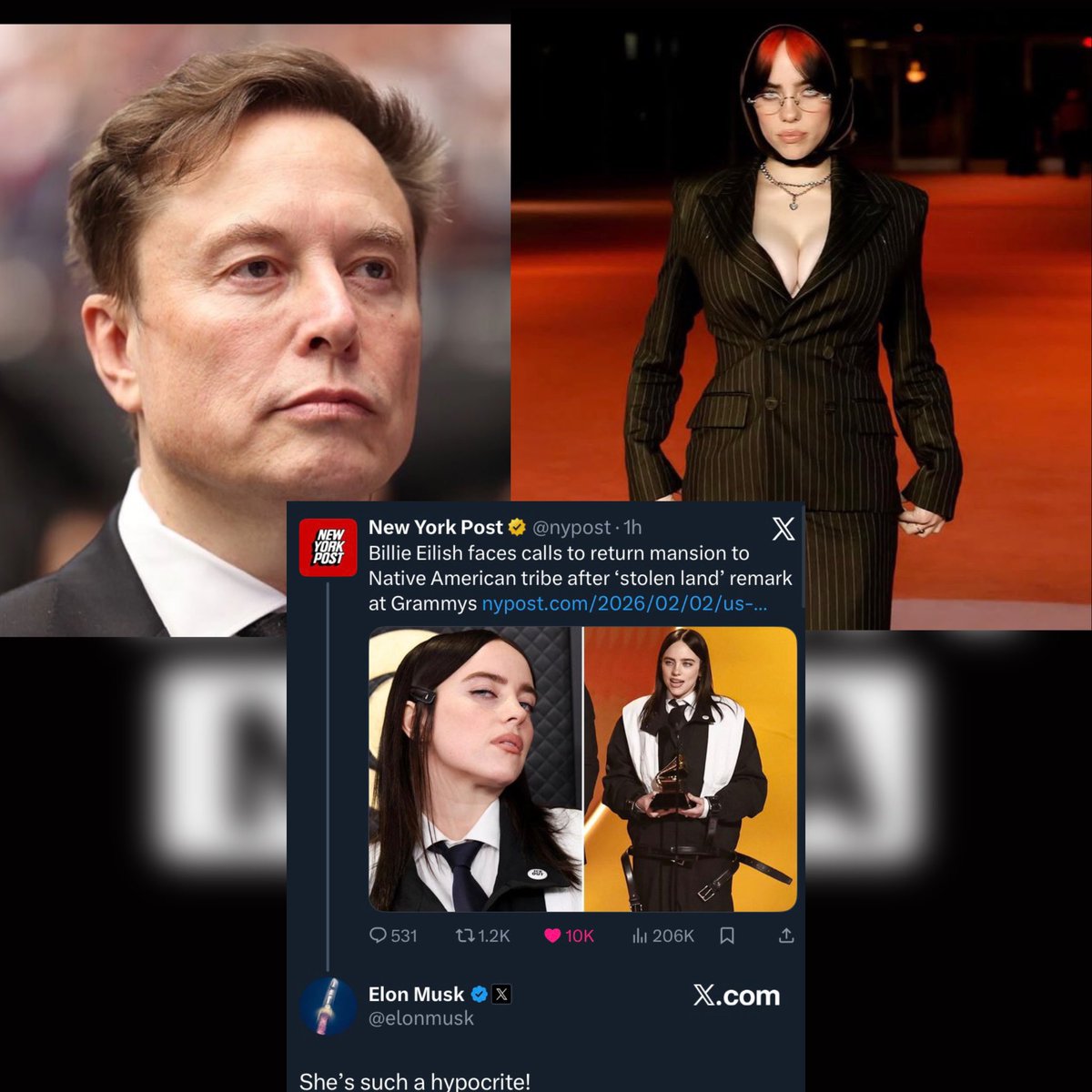 JUST IN: Elon Musk slams Billie Eilish over her Grammy acceptance speech remark, “No one is illegal on stolen land.” 

…. “She’s such a hypøcrite!”