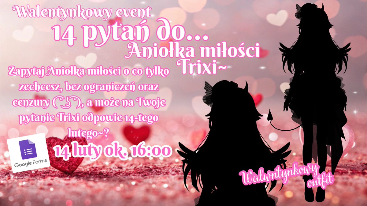 💕14 pytań do Aniołka miłości Trixi~💕

Zasady są proste: pytaj o co chcesz, nie ma ograniczeń (no poza danymi prywatnymi), let's be freaky~❤️‍🔥

Zapraszam do zabawy~

forms.gle/w3j3wyxpQ1ZG1g…

#plvtuber #vtuber #plvtube #vtube #trixinattv