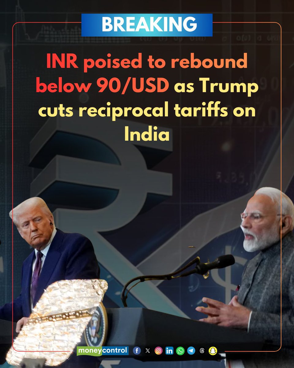 moneycontrolcom's tweet image. #BUsiness | 🚨 INR poised to rebound below 90/USD as Trump cuts reciprocal tariffs on India

Read more here! 👇
moneycontrol.com/news/business/…

#INR #Tariffs #IndiaUSTradeDEal #IndiaUS