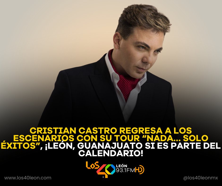 #CristianCastro anuncia su esperado regreso a los escenarios con la gira “Nada… Solo Éxitos Tour 2026”, un recorrido musical cargado de nostalgia, romanticismo y las canciones que marcaron a toda una generación🎶🔥.
los40leon.com/post/cristian-…