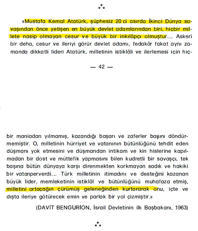✍️İsrail'in Kurucu Başbakanı Siyonist Polonya Yahudisi David Ben-Gurion, Türkiye'yi İslam devleti olmaktan çıkarıp batıcılaştıran Selanikli Mustafa Kemal'i övüyor.