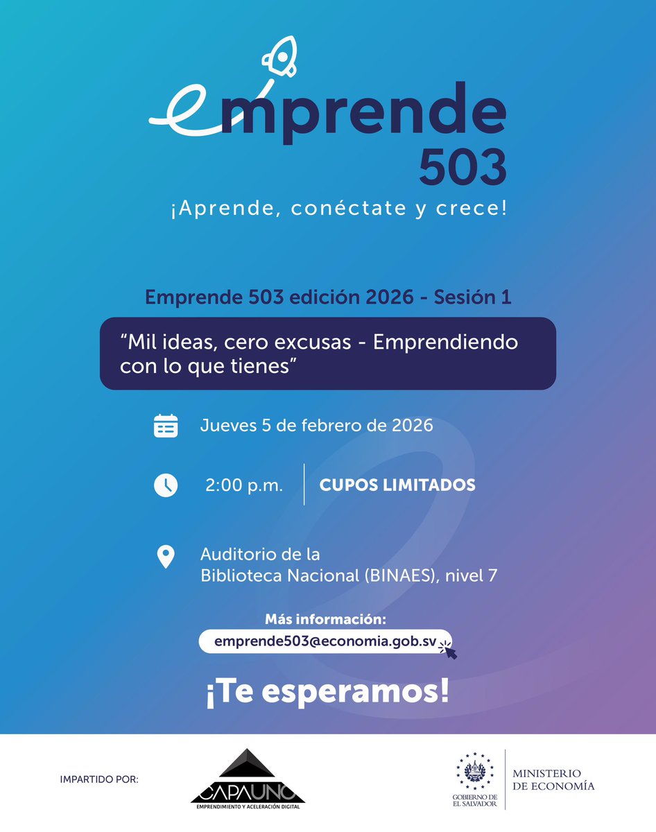 Este 2026 impulsa tu idea de negocio, comienza aquí. 💡👇🏼

Emprende 503 arranca el año con su primera sesión y tú eres parte clave de esta historia.
Conecta con emprendedores, aprende de experiencias reales y lleva tu proyecto al siguiente nivel.

📅 Jueves 5 de febrero de 2026