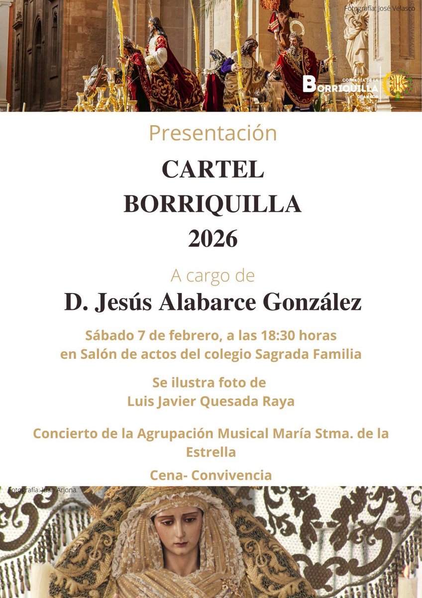 📜✨ Presentación del #Cartel #DomingodeRamos26 

📅 Sábado 7 de febrero
🕡 18:30 h
📍 Colegio Sagrada Familia
📸 <a href="/faroldguiagrana/">Luis Javier Quesada faroldeguiagranada</a> 
🎙  <a href="/Jesusalabarce7/">Jesús Alabarce</a> 
🎶 Concierto <a href="/AMEstrellaGR/">AM Estrella Granada</a> 
🍲Cena-Convivencia, Reservas 📲 602 08 02 62
🔗 ➕bit.ly/46tUeP8

¡Te esperamos! 🌿🙏