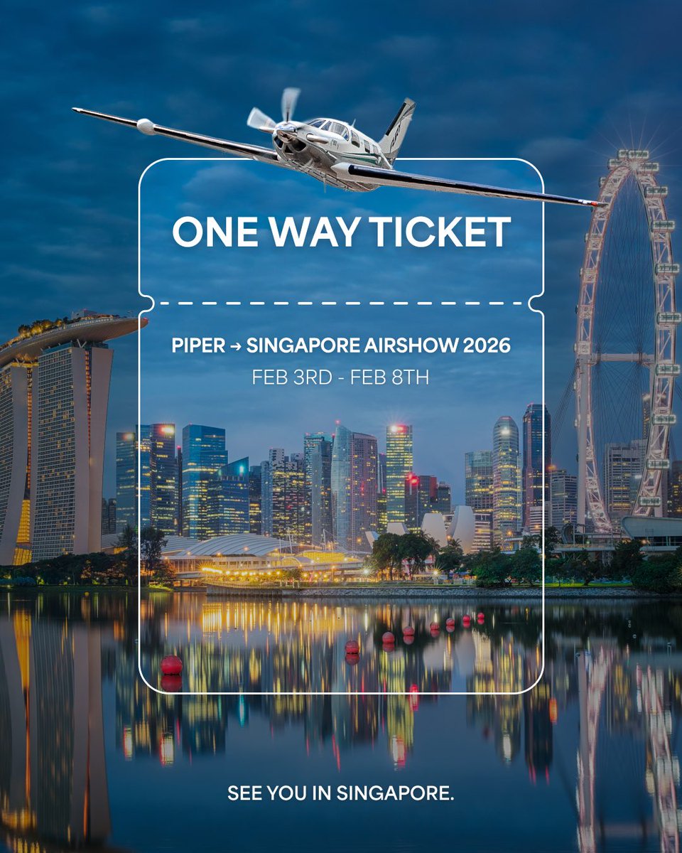 piperaircraft's tweet image. Ready for takeoff? ✈️ Catch us at Singapore Airshow 2026 from Feb 3rd to the 8th as we celebrate aviation excellence and showcase our latest aircraft. 

Fly by our booth and say hi!

-
#PiperAircraft #FreedomOfFlight #FlyPiper #Aviation #Aircraft #SingaporeAirshow2026
