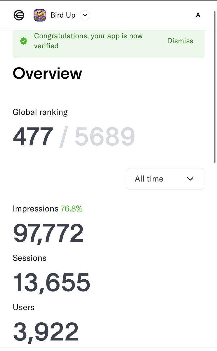 Solo builder.
Built Bird Up from 0 on <a href="/useworldapp/">World App</a> 

- 3.9K+ players
- 350 WLD distributed
- 10M+ BUC rewards
- Community: 0 → 400+
- 60%+ daily active 🔥

Token on <a href="/PufLaunch/">puf (e/acc)</a>  → Graduated < 1 hr
Now: 4K+ holders in < 30 days

They doubted.
We built. 🐦🔥