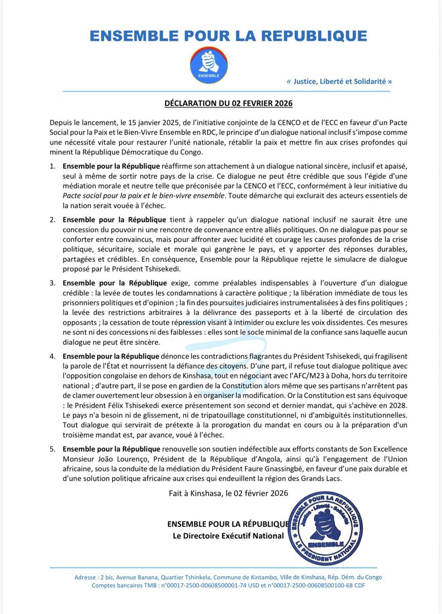 harvey_kasongo's tweet image. #RDC 
#Dialogue
✅Ensemble Pour République parti cher au président @moise_katumbi appelle à un dialogue national inclusif et sincère pour restaurer la paix en RDC, sous médiation neutre CENCO/ECC. 
❌Il rejette le simulacre de dialogue proposé par le Président Tshisekedi et