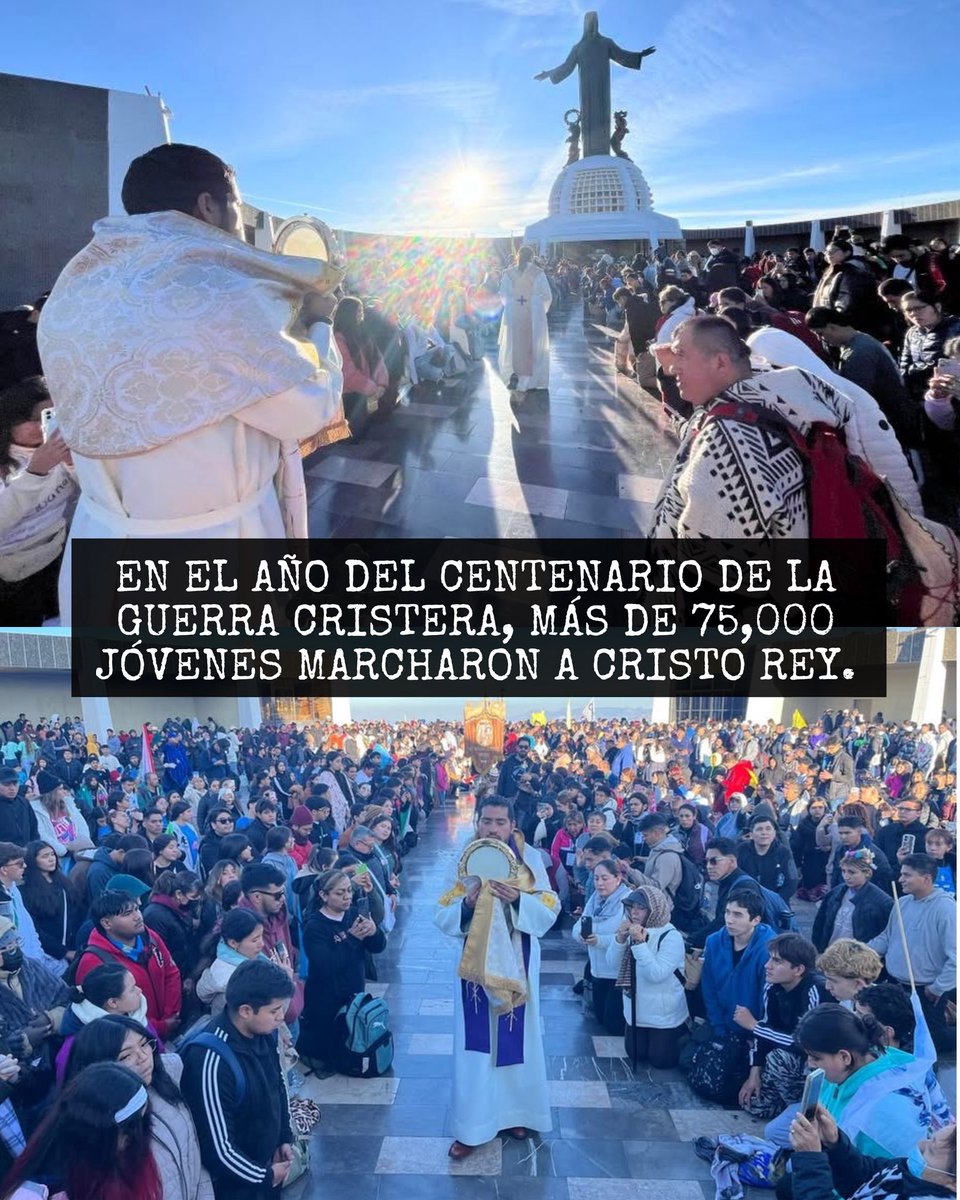 ¡HISTÓRICO! ✝️

En el año del centenario de la Guerra Cristera, más de 75,000 jóvenes participaron en la peregrinación a Cristo Rey, ubicado en el cerro del cubilete. 

Este evento y el número de participantes, es simbólico y poderoso, ya que se conmemoran cien años del inicio de