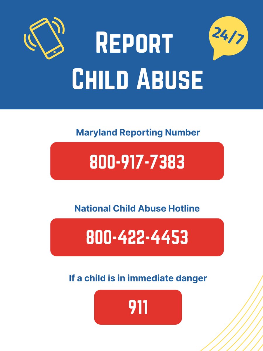 📢 When Something Feels Wrong, Speak Up
Reporting suspected child abuse can protect a child—and connect them to the support they need. You don’t need proof. Just a concern.

In Maryland, you can call 1-800-91-PREVENT or contact your local Department of Social Services.