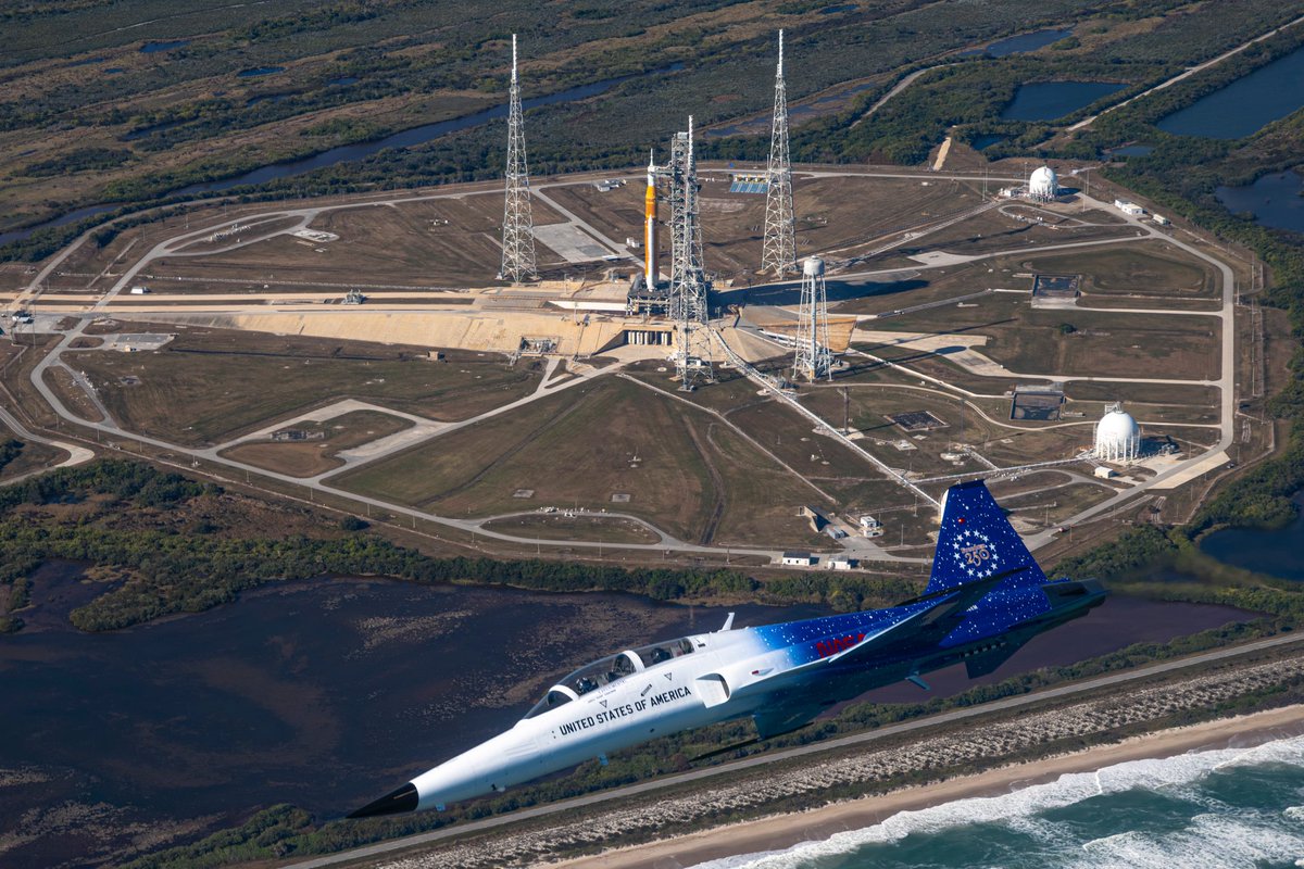 NASAAdmin's tweet photo. It was an honor to fly with @SecWar @PeteHegseth over NASA’s Kennedy Space Center and Cape Canaveral Space Force Station, America’s gateway to the stars. Just as we share this critical facility at the Cape, we share a common goal of American superiority in the ultimate high ground of space.

Next up is America’s return to the lunar environment, with the Artemis II wet dress rehearsal underway today 🚀🇺🇸
