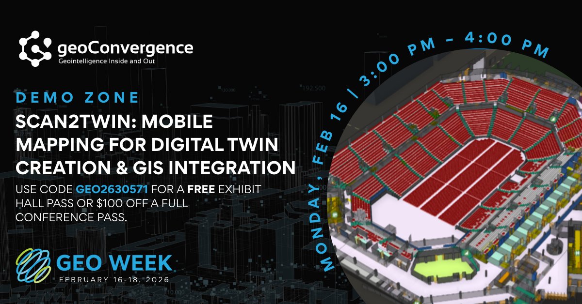 geoConvergence's tweet photo. Big two weeks ahead! DC → Denver
2/9: Roundtable (DC Fire &amp; EMS)
2/10-11: FedGIS, DC | Booth: F5
2/16-18: GeoWeek in Denver | Booth: 535
Demo:  Scan2Twin—wearable, handheld, robotic. Operations-ready digital twins. Mon 2/16 3-4pm
https://t.co/CENH0GDmHJ

#GeoWeek2026 #FedGIS2026 https://t.co/IzBZjTKCBX