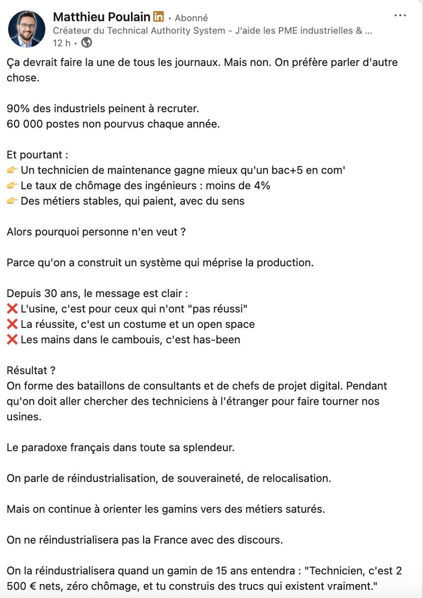 GeWoessner's tweet image. Je partage ce message, qui devrait être placardé dans tous les halls de collèges et de lycées de France.

J’y ajoute une requête, inspirée d’une expérience personnelle : mon fils en troisième voulait effectuer son stage dans une usine - n’importe laquelle.

Il n’en a pas trouvé……