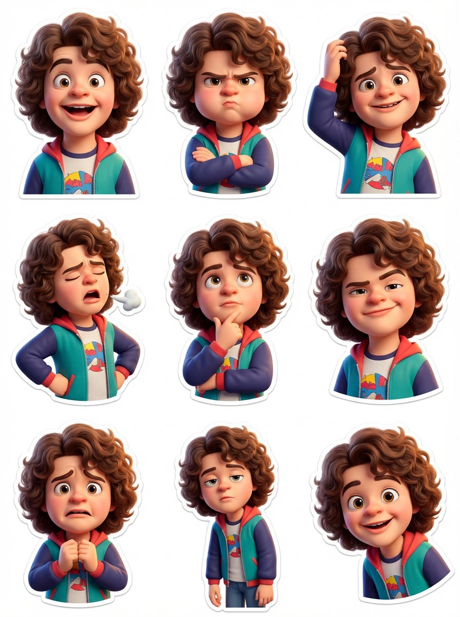miilesus's tweet photo. Stranger Things Pixar-Style 3D Character sticker set with nano banana pro 🧡

Prompt: 
{
  "project_metadata": {
    "title": "Joe Keery Pixar Sticker Set",
    "output_format": "3x3 Grid Collage",
    "total_cells": 9,
    "target_aspect_ratio": "3:4",
    "rendering_engine": "Unreal Engine 5 / Octane Render Style"
  },
  "global_character_assets": {
    "identity": "Joe Keery (Pixar-Style 3D Caricature)",
    "facial_base": "Reference based on Joe Keery facial structure and likeness",
    "hair_definition": "High-poly thick brown hair, voluminous iconic Steve Harrington style, soft natural shine",
    "wardrobe": {
      "jacket": "Casual retro-inspired jacket",
      "details": "Soft fabric texture, slightly worn vintage feel",
      "undershirt": "Simple solid-color t-shirt"
    },
    "anatomical_proportions": {
      "head_to_body_ratio": "1:3 (Chibi-influenced Pixar scale)",
      "eye_scale": "Exaggerated/Large for high readability",
      "skin_shader": "Subsurface scattering, warm light skin tone, smooth polished finish"
    }
  },
  "grid_layout_definition": {
    "row_1": {
      "cell_1": { "emotion": "Surprised", "pose": "Raised eyebrows, eyes wide, mouth slightly open" },
      "cell_2": { "emotion": "Annoyed", "pose": "Arms crossed, unimpressed stare" },
      "cell_3": { "emotion": "Confused", "pose": "Head tilted, brows furrowed, puzzled look" }
    },
    "row_2": {
      "cell_4": { "emotion": "Frustrated", "pose": "One hand rubbing forehead, tense expression" },
      "cell_5": { "emotion": "Thoughtful", "pose": "Hand on chin, eyes looking upward" },
      "cell_6": { "emotion": "Sarcastic", "pose": "Smirk with raised eyebrow, playful attitude" }
    },
    "row_3": {
      "cell_7": { "emotion": "Worried", "pose": "Tense shoulders, concerned eyes" },
      "cell_8": { "emotion": "Bored", "pose": "Chin resting on palm, half-lidded eyes" },
      "cell_9": { "emotion": "Curious", "pose": "Leaning forward slightly, interested expression" }
    ]
  },
  "environment_and_lighting": {
    "background": "Solid pure white, zero shadows, isolated for PNG extraction",
    "lighting_setup": "Three-point studio lighting, soft key light, subtle rim light",
    "negative_constraints": [
      "No text", "No logos", "No background elements", "No speech bubbles", "No UI"
    ]
  }
}